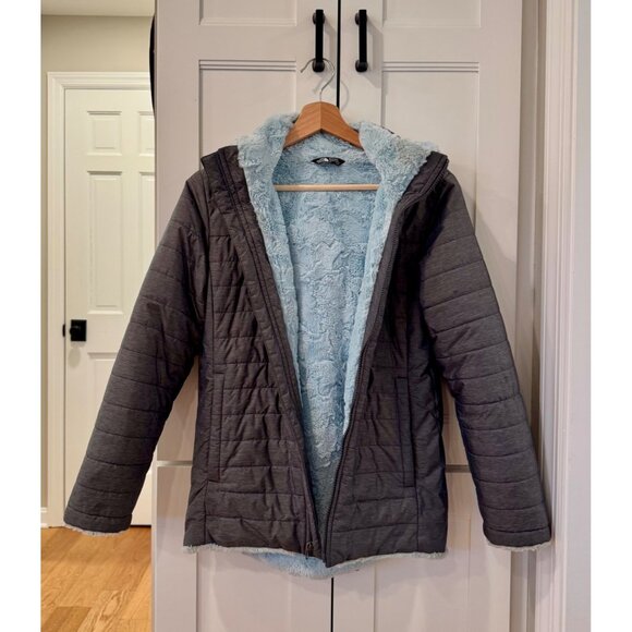 North Face Girls Jacket with Hood Mossbud Swirl Gray Size Large Coat 14/16 Blue - Picture 6 of 7